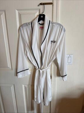 Kate Spade Bridal White Satin Robe with Black Trim - Mrs. Embroidered